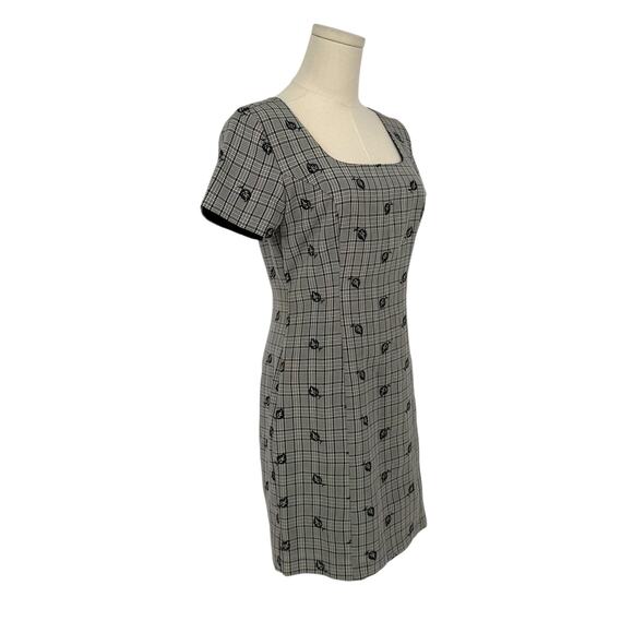 Vintage 1990s Tabloid Plaid Office Siren Square Neck Embroidered Mini Dress Sz 6 - Picture 2 of 10